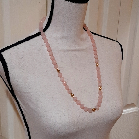 Rose Quartz and Gold Beaded Necklace, Hand Knotted Pink Stone Necklace - Picture 2 of 4